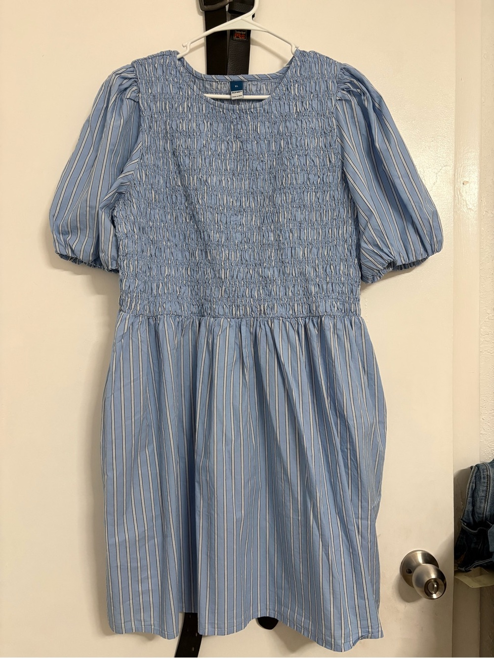Old Navy Light Blue & White Striped Smocked Midi Dress